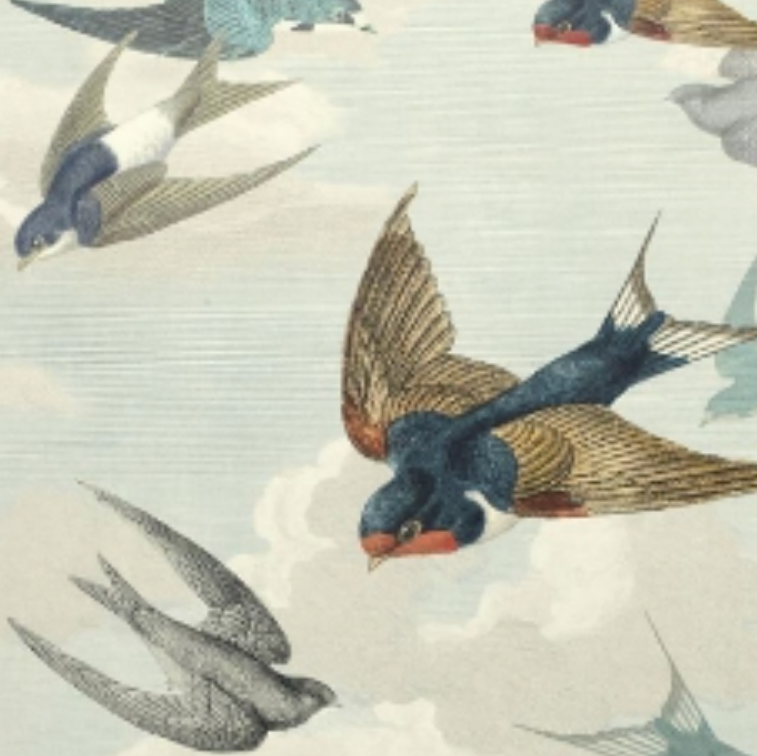 A wallpaper featuring a pattern of birds, specifically chimney swallows, with a variety of colors such as blue and gray, against a light background.