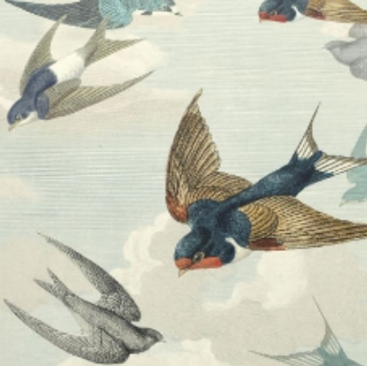 A wallpaper featuring a pattern of birds, specifically chimney swallows, with a variety of colors such as blue and gray, against a light background.